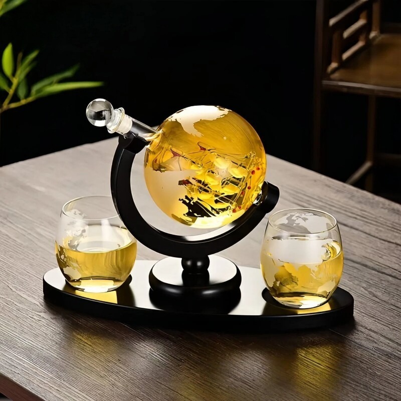 Home Bar Stand - Dekoratives Globus-Weindekanter-Set, Glaskaraffe mit Ständer für